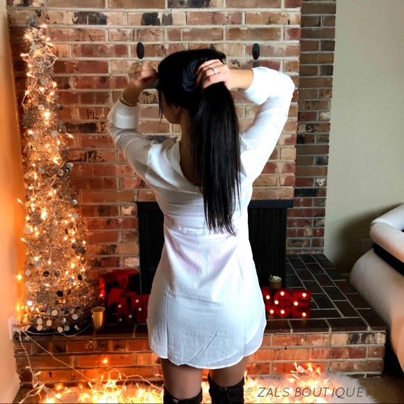 White Tunic V-Neck Waist Tie Mini Dress - Picture 8 of 8